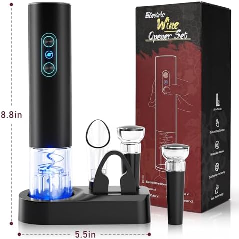 Electric Wine Opener, Rechargeable Cordless Wine Accessories, Stainless Steel Cordless Automatic Wine Bottle Corkscrew with Vacuum Stoppers, Foil Cutter for Home Party Wedding, Bars(Black)