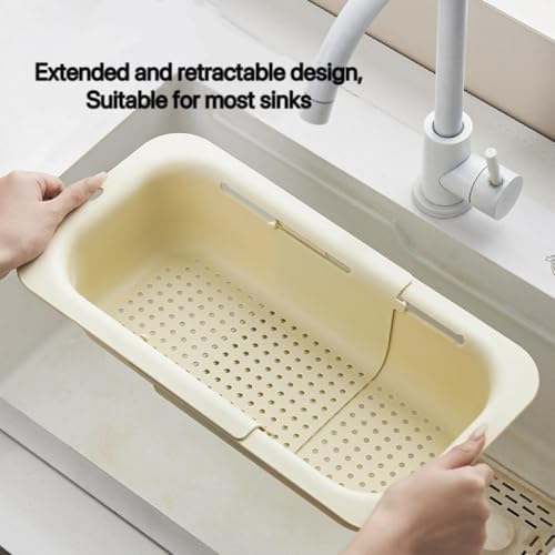 Kitchen Sink Colander, Extendable Strainer Basket Over The Sink for Wash Vegetables and Fruits, Drain Cooked Pasta and Dry Dishes 13.6"-18.7" L x 7.87" W x 2.76" H - Cream