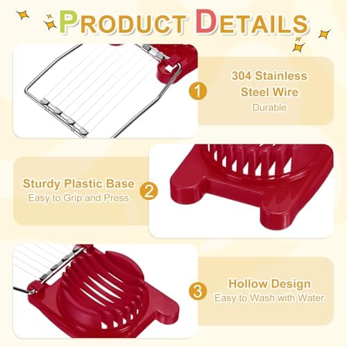 uxcell 3 Pack Egg Slicer for Hard Boiled Eggs, Stainless Steel Wire, Red - Image 3
