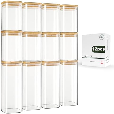 12-Pack Square Glass Storage Jars with Bamboo Lids (0.6Qt/1.06Qt) - Stackable Food Containers for Pantry Organization, Coffee, Flour, Snacks, Tea | Kitchen Canisters Set