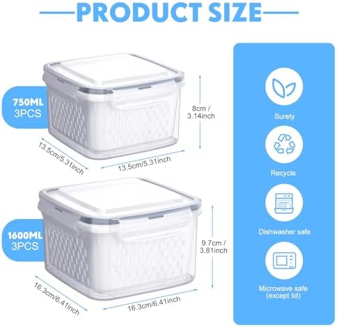 6 Pcs Fruit Storage Containers for Fridge, Food Storage Containers Berry Produce Fridge Organizer with Removable Colander Keep Fruits, Vegetable, Veggie, Meat Fresh Longer(Medium, Small)