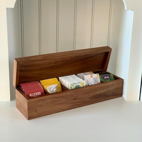Large 5 Compartment Tea Box, Acacia Wood Tea Bag Organizer With Lid