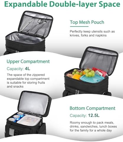Tactical Lunch Box for Men, Large Insulated Lunch Bag for Adult, Heavy Duty Double Deck Expandable Lunch Cooler Bag with American Flag, Leakproof Soft Lunch Pail for Work Office Camping - Black