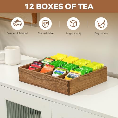 Wooden Tea Bag Organizer for Drawer, 12 Compartments, Brown