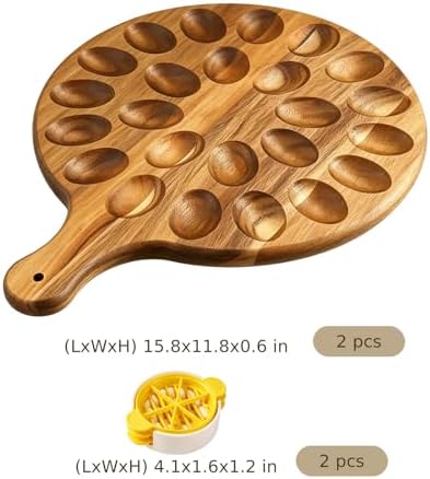 2 Pcs Quality Acacia Wood Egg Holders with Slicers, Sturdy 24 Holes Wooden Deviled Egg Platter with Handle for Refrigerator, Kitchen Counter, Gatherings, Camping & Picnic