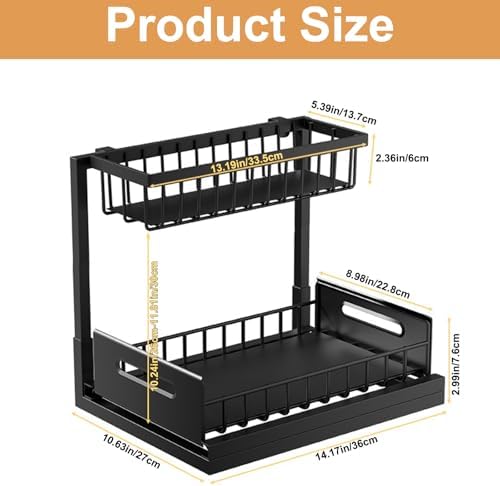 2 Pack Under Sink Organizer, Height Adjustable Pull Out Cabinet Shelf, Heavy Duty Metal Sliding Drawer, Rust-Resistant Storage for Kitchen Bathroom Pantry, Fits Tall Bottles & Plumbing P-Traps