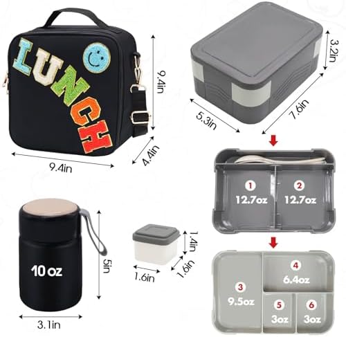 Insulated Lunch Bag for Boys Girls with 10oz Thermo, with 6 Compartment Bento Box, Black Nylon Preppy Lunch Box Adjustable Strap for Boy Girl Kids Teens School Travel Picnic