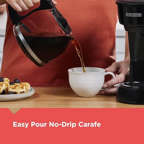 BLACK+DECKER 12-Cup Coffee Maker with Easy On/Off Switch, Easy Pour, Non-Drip Carafe with Removable Filter Basket, Vortex Technology, Black