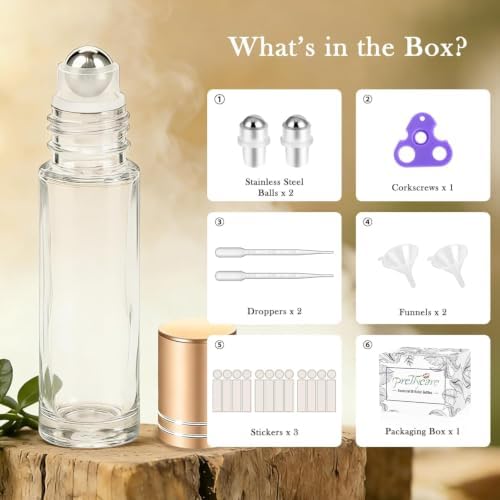 PrettyCare 12 Pack, 10 ml Essential Oil Roller Bottles with Stainless Steel Roller Ball - Refillable Leak-proof Empty Thick Clear Glass Roll on Bottles with Metal Caps for Travel, Perfume - Image 2
