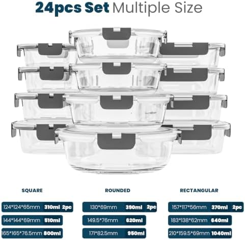 24 Pc Borosilicate Glass Meal Prep Containers with Lid,12 Pack, Grey