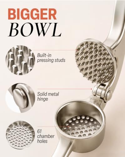 Metal Large Garlic Press, Garlic Mincer, Peeler-Brush, Silver