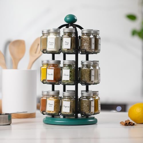 Adrinova 24 Jar Rotating Spice Rack with Spices Included & 5-Year Spice Refill Program – Revolving Countertop Spice Rack with Glass Jars