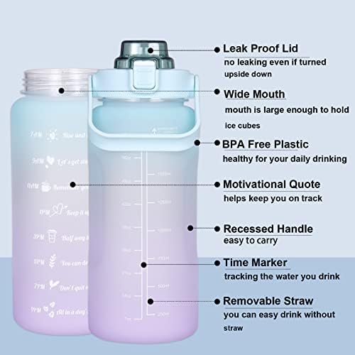 Large Half Gallon 64 OZ Motivational Water Bottle with Straw Time Marker BPA Free for Sport and Fitness Purple Green