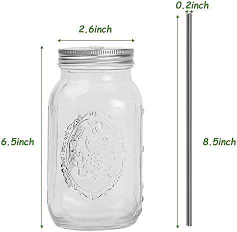 Smoothie Cups, Glass Mason Drinking Jar, 24oz Smoothie Cups with Lid and Stainless Steel Straw, Drinking Mugs, Tea Cup Travel Mug, Ideal for Juice, Milk (Pack Of 2, Clear)