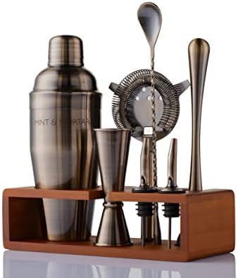 Cocktail Shaker Set, 7-Piece Stainless Steel Bartender Kit with Bamboo Stand, 24 oz Cobbler Shaker and Home Bar Tools, Brushed Gold