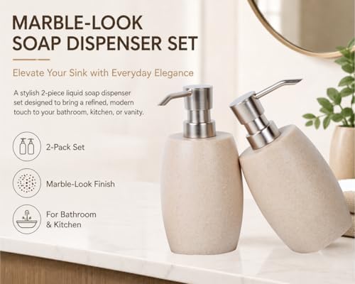 Sandstone Textured Resin Soap Dispenser with Metallic Pump and Waterproof Bottle Labels for Bathroom Kitchen Dish Hand Wash Shower Lotion Shampoo, 12 Oz, 2 Sets Beige