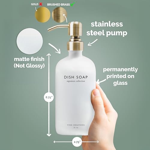 White Glass Soap Dispenser Set, Dish Soap and Hand Soap Dispenser Set with Stainless Steel Pump, 16 oz Glass Dispensers for Kitchen or Bathroom Decor (Matte White Bottle/Brushed Brass)