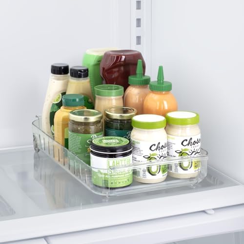 RollOut Fridge Caddy BPA-Free Clear Rolling Refrigerator Organizer Bin with Adjustable Dividers and Handles, 9" Wide