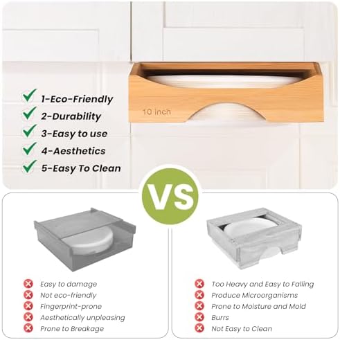 10-inch Paper Plate Dispenser Under Cabinet, Bamboo Paper Plate Holders, Kitchen Counter Vertical Plate Dispensers Holders Countertop Caddy(For 10-inch Plates, Bamboo)