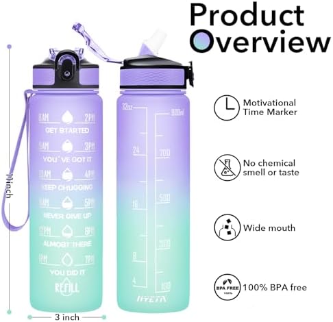 Water Bottle with Straw & Time Marker, Plastic 32oz Leakproof