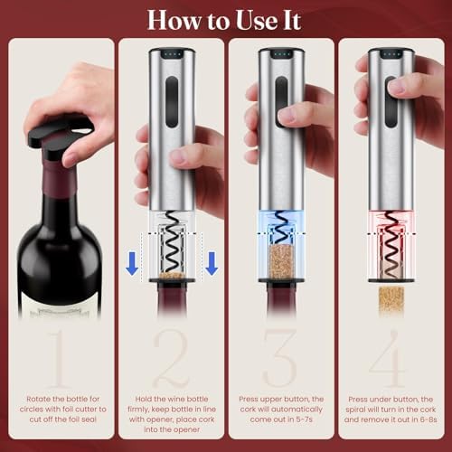 Electric Wine Opener, Automatic Wine Opener with Foil Cutter, Vacuum Stopper, Pourer, Rechargeable Wine Bottle Opener - Party Favor, Christmas Gift for Wine Lover