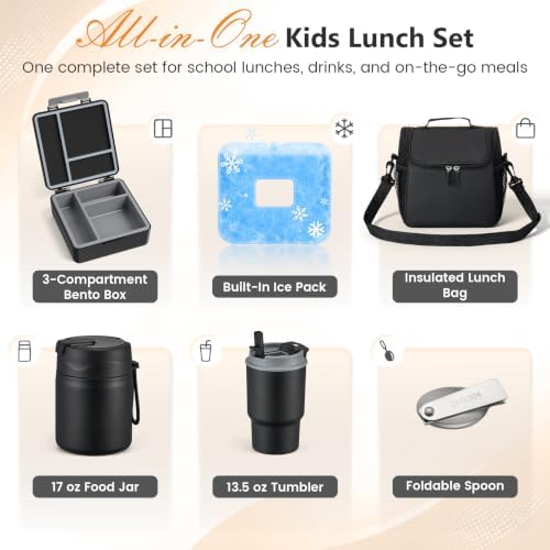 Lunch Box Set with Bento Box Container, 17OZ Stainless Steel Food Soup Thermo, Kids Water Bottle & Portable Insulated Lunch Bag – Leakproof, Hot/Cold Retention for School, Travel (Black)