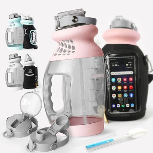 Large 1 Gallon Water Bottle/Jug with Time Marker, Straw & Sleeve – BPA-Free Tritan, Dishwasher Safe, Motivational Quotes, for Gym & Sports (128 oz) - USA Joyous Sun (Pink)