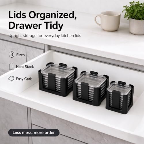 3PCS Lid Organizer, Black Stackable Rack for Rubbermaid Brilliance