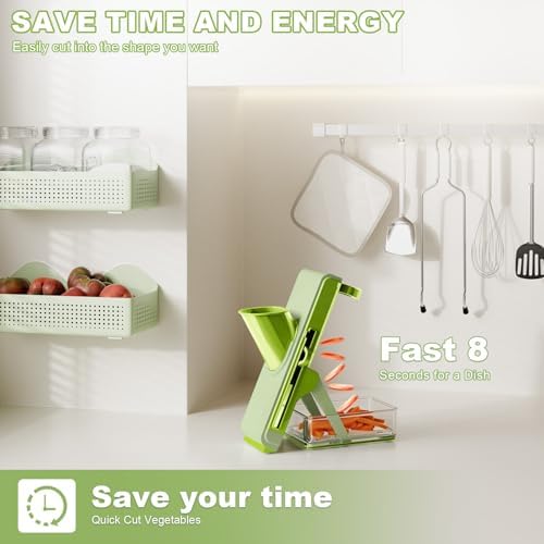 Eletronova Safe Mandoline Slicer for Kitchen, Vegetable Slicer with Container, French Fry Cutter, All in 1 Julienne Slicer for Potato, Thickness Adjustable, Detachable Blade, Dishwasher Safe（Green） - Image 2