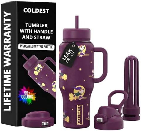 Coldest Tumbler with Handle & Coffee Lid - 100% Spill Proof Tumbler (3 Lids) - Stainless Steel Insulated Leakproof Tumblers for Women & Men - Cup Holder Friendly - 24 oz (Baby Witches) by Coldest