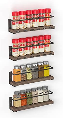 Spice Rack Organizer for Cabinet Door or Wall Mount (4 Pack) with 415 Spice Labels - Wood Hanging Seasoning Shelf for Cupboard Pantry or over the Stove