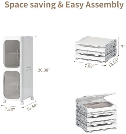 2 Tier Slim Bathroom Storage Cabinet, Foldable and Movable, White