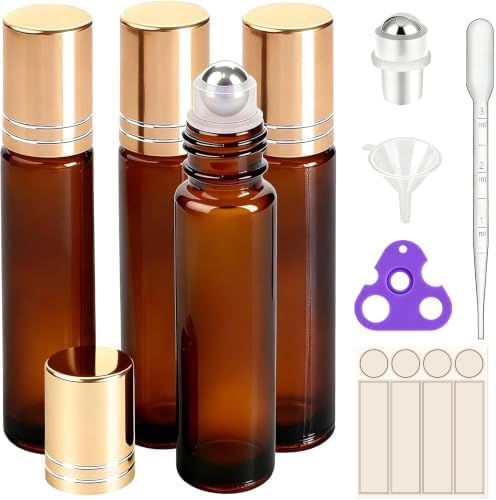 PrettyCare 4 Pack Amber Glass Oil Roller Bottles for Essential Oils 10ml, Roll On Bottles with Stainless Steel Roller Ball Leak-Proof Perfume Travel Refillable Bottle Empty, Beauty & Personal Care by PrettyCare