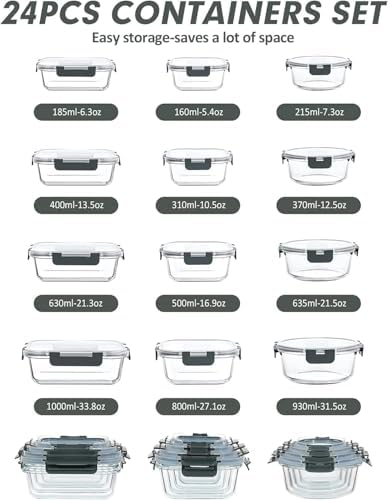 12 Packs Glass Food Storage Containers Set with Lids, Grey