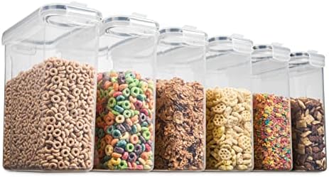6 Pack Airtight Cereal Food Storage Container - BPA Free Plastic Kitchen and Pantry Organization Canisters for, Dry Pet Food, Flour, Sugar, Rice, Nuts, Snacks & More (135.5 Oz) Labels & Chalk Marker