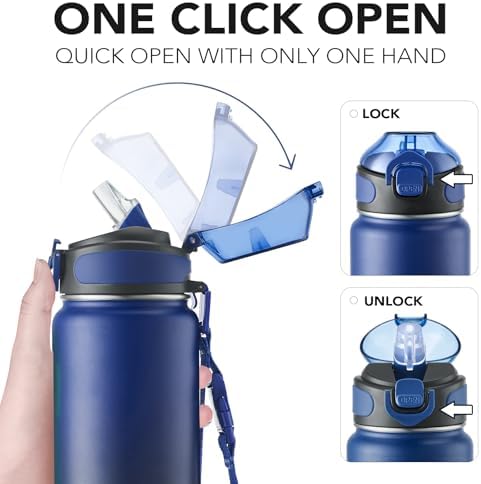 32 oz Insulated Water Bottle, Stainless Steel Bottle with Carrying Strap, Double-Wall Vacuum Insulation Design, Leakproof Sports Bottle with Straw, Keep Drinks Cold or Hot for Hours