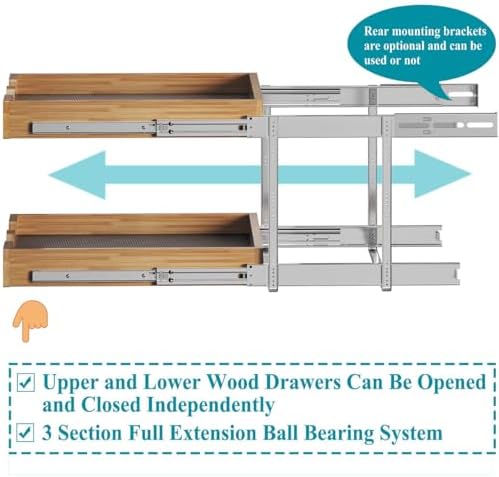 2 Tier Pull Out Cabinet Organizer (17"W x 21"D), Double Tier Slide out Wood Drawer Shelf, Pull Out Shelves for Base Cabinet Organization in Kitchen, Pantry, Bathroom