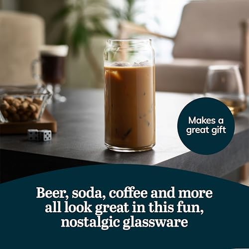 Classic Can XL Set of Drinking Glasses, Iced Coffee Cups Set of 4, 20 Oz, Dishwasher Safe Glass Beer Cups for Beverages and Cocktails