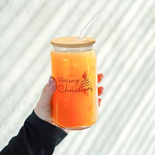 20 Pack Glass Cups with Bamboo Lids and Glass Straws 16oz Clear Glass Tumblers Beer Can Shaped Drinking Glasses Iced Coffee Cups, Cute Tea Cups for Whiskey, Soda, Cocktail, Gift