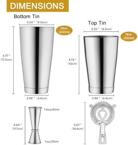 Boston Cocktail Shaker Set, 18 oz & 28 oz, Stainless Steel (Silver)