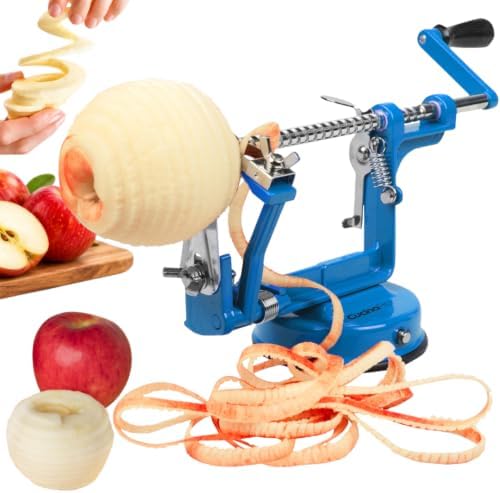 Apple Peeler Corer, Heavy Duty Chrome Cast Iron Suction Base Blue