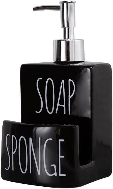 Ceramic Soap Dispenser with Sponge Holder - 2-in-1 Countertop Soap Pump Dispenser for Sink, Useful Kitchen Gadget - Black