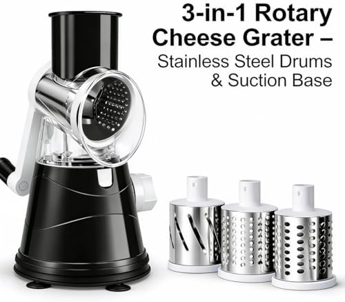 3-in-1 Rotary Cheese Grater, Hand Crank Shredder with 3 Interchangeable Blades for Cheese, Veggies, Nuts, Black