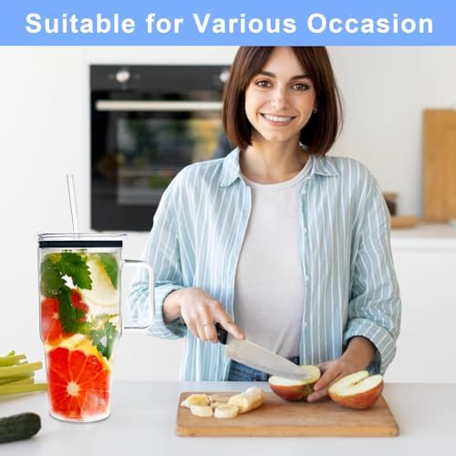 Glass Tumbler with Straws and Lids, 40oz Large Glass Coffee Tumbler with Handle, Clear Water Bottle for Car, Camping, Travel, and Outdoor Activities