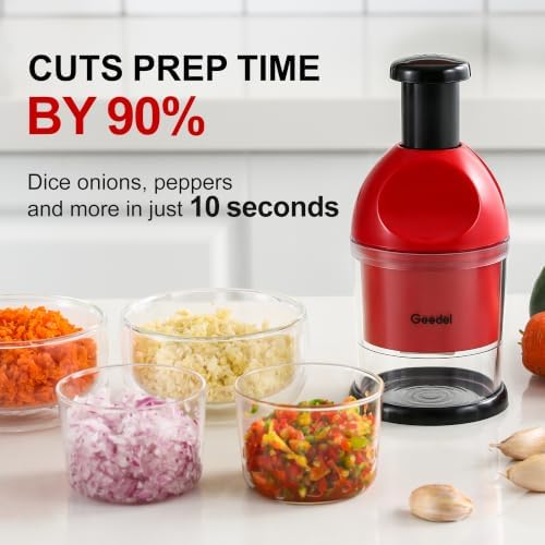 Geedel Food Chopper, Easy to Clean Manual Hand Vegetable Chopper, Dishwasher Safe Slap Onion Cutter for Veggies Onions Garlic Nuts Salads Red - Image 2