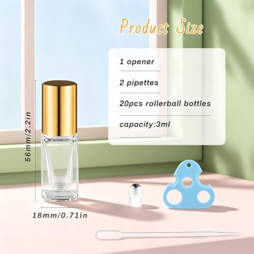 20 Pack 3ml Square Essential Oil Roller Bottles with Gold Caps Refillable Empty Glass Containers for Aromatherapy Perfume DIY Skincare and Personal Blends - Image 2