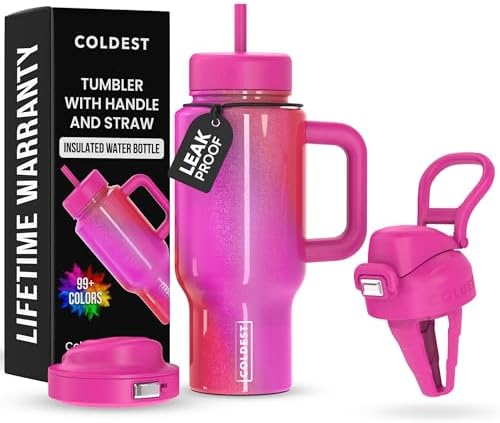 Coldest Tumbler with Handle and Coffee Lid - 100% Spill Proof Tumbler with Straw (3 Lids) - Stainless Steel Insulated Leakproof Tumblers for Women & Men - Cup Holder Friendly - 24 oz (Kissed Dream) by Coldest