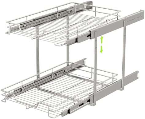 Pull Out Cabinet Organizer 7.5" W x 21" D, 2-Tier Kitchen Cabinet Pullout Shelf and Drawer Organizer Slide Out Pantry Storage Basket, 6.2" W x 21" D x 2.4" H for Bottom Basket Size