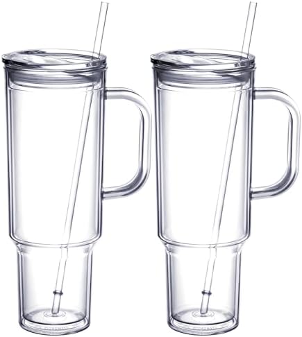 40 oz Acrylic Tumbler with Handle and Straw Lid，Double Wall Vacuum Reusable plastic Water Bottle Travel Mug Cup，Classic Tumblers Cupholder Friendly (2 Pack)