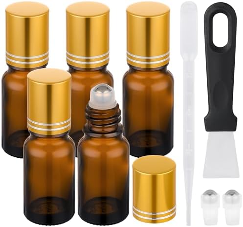 Segbeauty 0.34oz Thick Amber Glass Roll On Bottles for Essential Oils, 5pcs Small Empty Oil Roller Bottles for Eye Essence, 10ml Travel Refillable Roller Ball Applicator, Perfume Oil Rollerball Bottle by Segbeauty